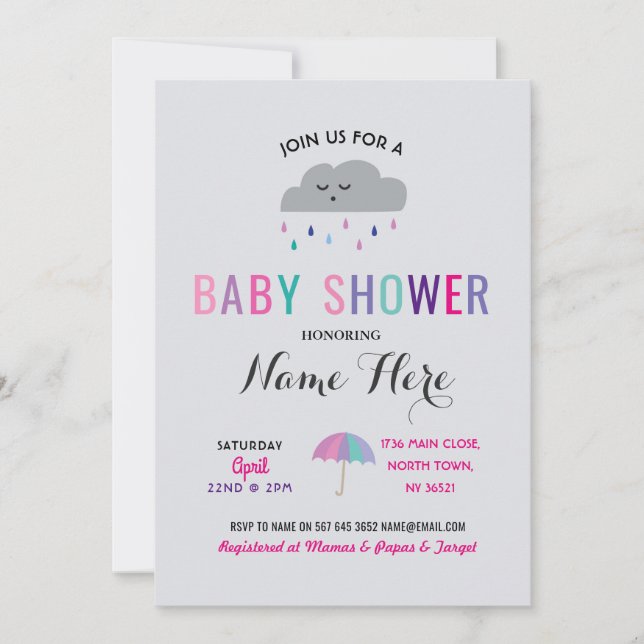 Baby Shower Cloud Sprinkle Rain Pink Umbrella Girl Invitation (Front)