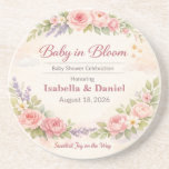 Baby Shower Coasters | Teddy Bear | Baby in Bloom<br><div class="desc">Celebrate with floral teddy bear coasters — pastel charm for baby showers, keepsakes, and joyful memories. Add charm and practicality to your baby shower with these teddy bear baby shower coasters. Featuring a soft pastel floral design with roses, lavender, greenery, and a cuddly bear holding a balloon, these coasters are...</div>