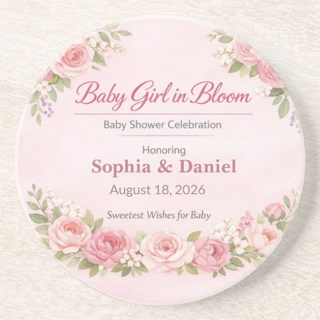 Baby Shower Coasters | Teddy Bear | Girl in Bloom (Front)