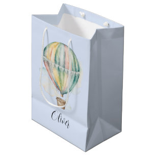 Baby shower, colorful watercolor hot air balloon  medium gift bag