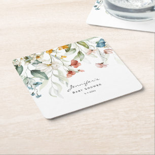 Baby Shower, Colourful Still Life Floral Drop, Square Paper Coaster
