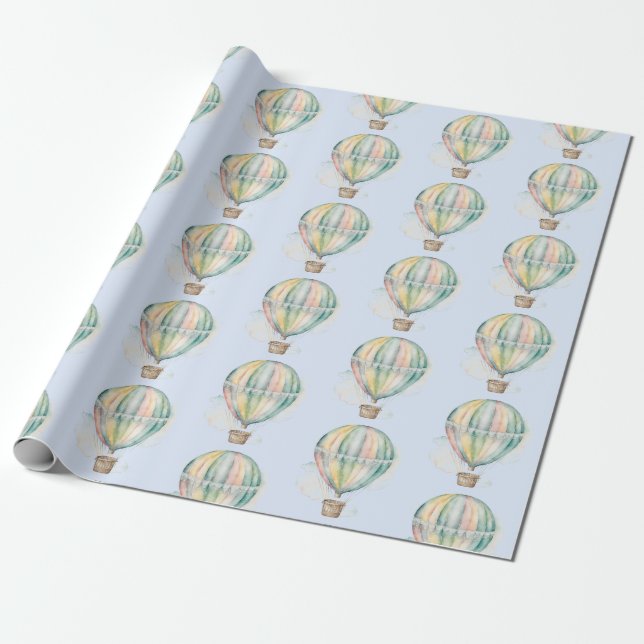Baby shower, colourful watercolor hot air balloon wrapping paper (Unrolled)