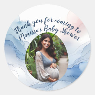 Baby Shower Custom Photo Blue Watercolor Thank You Classic Round Sticker