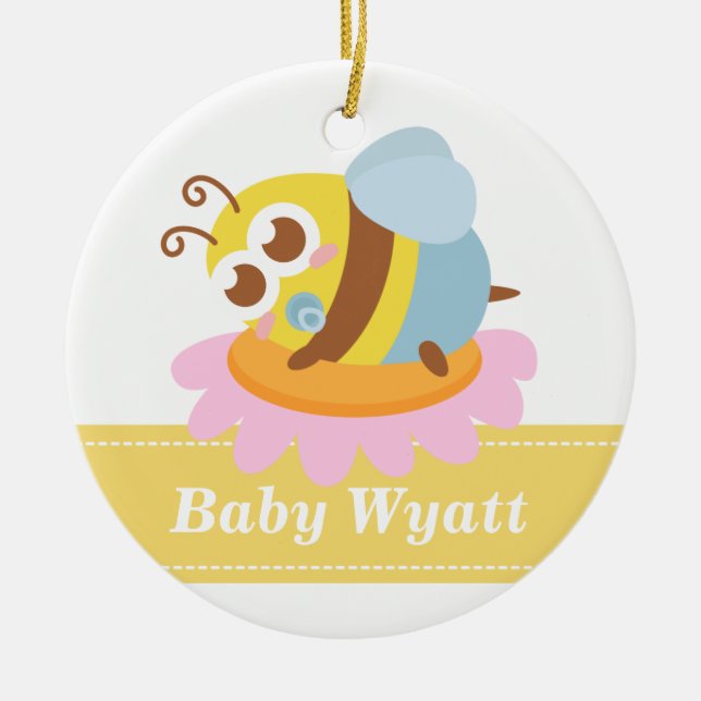 Baby Shower: Cute baby Bee resting on flower Ceramic Ornament (Front)