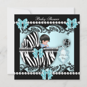Baby Shower Cute Baby Boy Blue Zebra Lace Invitation