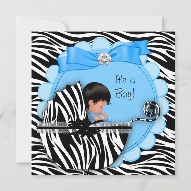 Baby Shower Cute Baby Boy Blue Zebra Pram Invitation (Front)