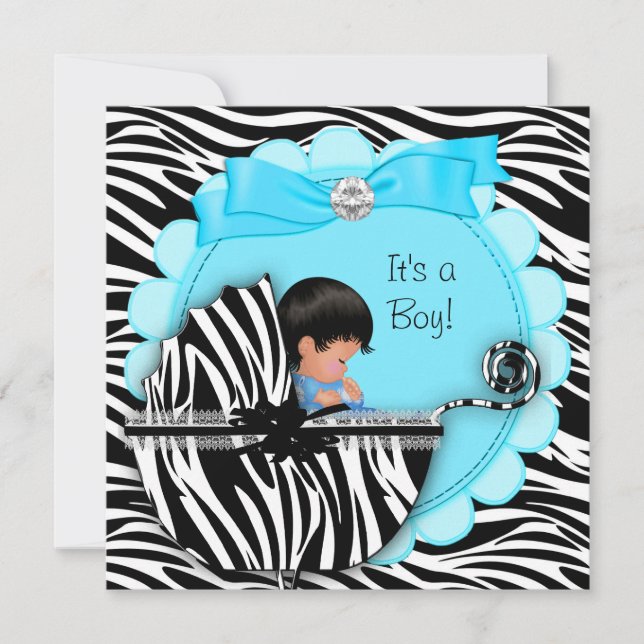 Baby Shower Cute Baby Boy Blue Zebra Pram Invitation (Front)