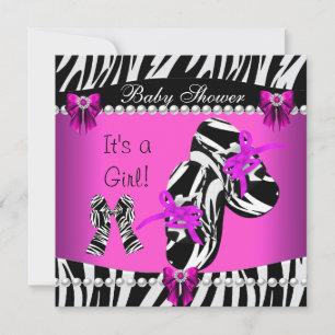 Baby Shower Cute Baby Girl Hot Pink Zebra Shoes Invitation