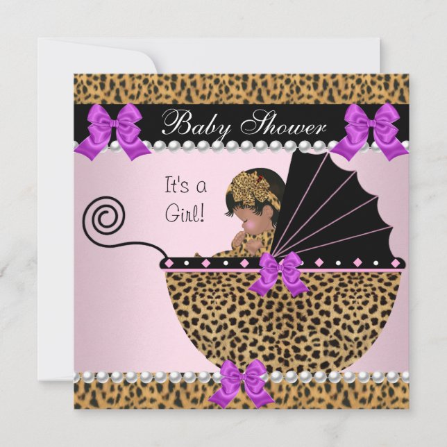 Baby Shower Cute Baby Girl Leopard Purple Pink Invitation (Front)