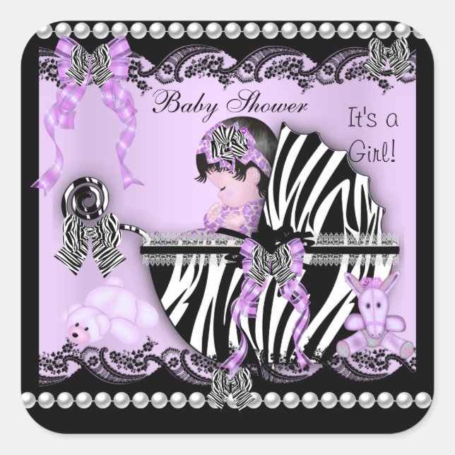 Baby Shower Cute Baby Girl Lilac Zebra Lace Square Sticker (Front)