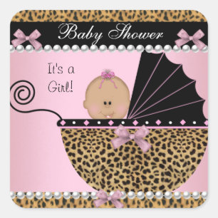 Baby Shower Cute Baby Girl Pink Leopard Square Sticker