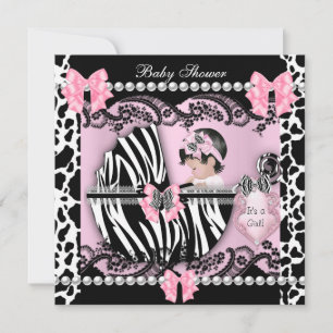 Baby Shower Cute Baby Girl Pink Zebra Cow Lace Invitation