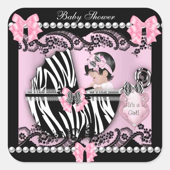 Baby Shower Cute Baby Girl Pink Zebra Lace Square Sticker (Front)