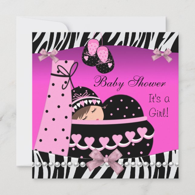 Baby Shower Cute Baby Girl Pink Zebra Print Invitation (Front)