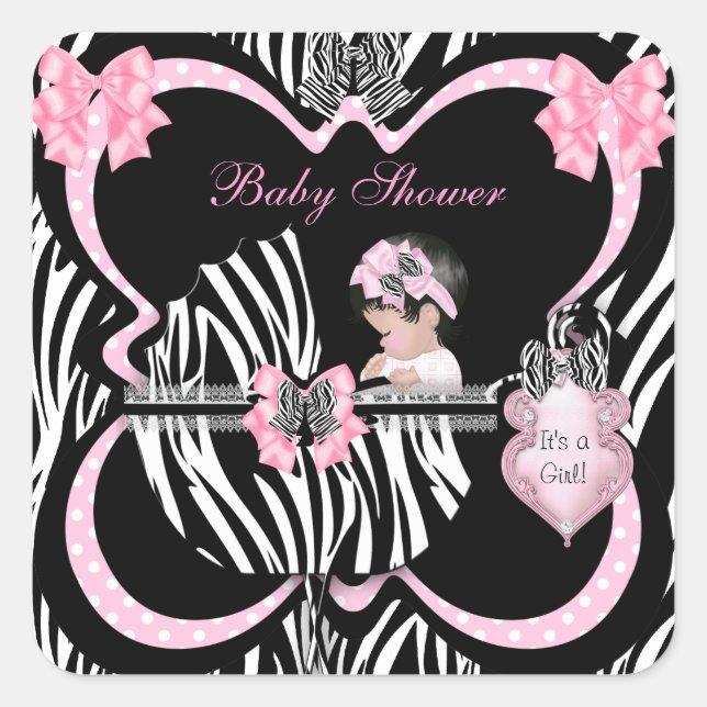 Baby Shower Cute Baby Girl Pink Zebra Spots Square Sticker (Front)