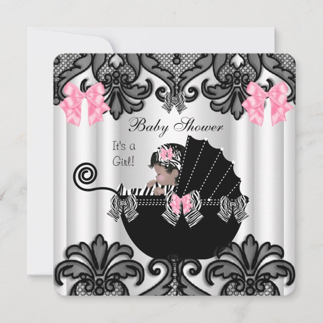 Baby Shower Cute Baby Girl Pink Zebra White Black Invitation (Front)