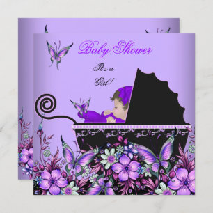 Baby Shower Cute Baby Girl Purple Butterfly 2 Invitation