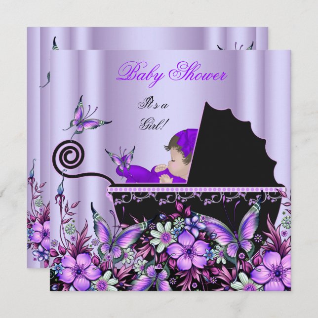 Baby Shower Cute Baby Girl Purple Butterfly 3 Invitation (Front/Back)
