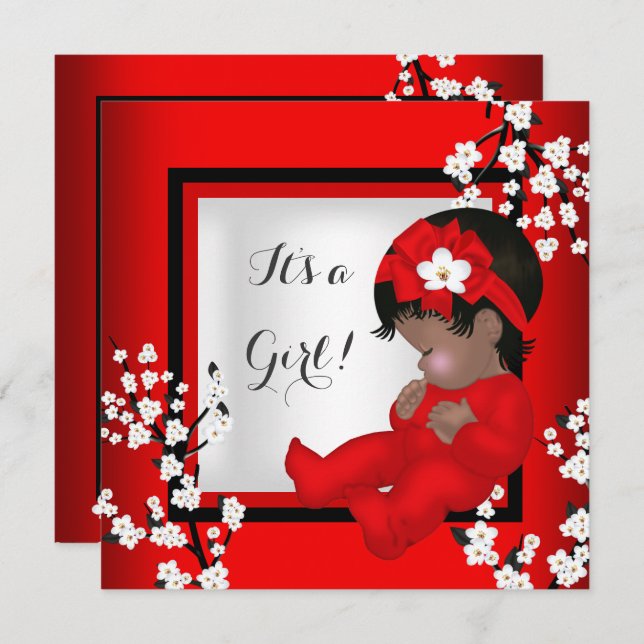 Baby Shower Cute Baby Girl Red Blossom Black AM4 Invitation (Front/Back)
