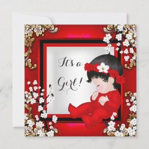 Baby Shower Cute Baby Girl Red Blossom Black AM4 Invitation