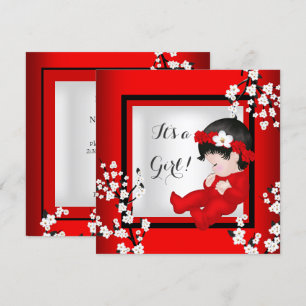 Baby Shower Cute Baby Girl Red Blossom Black C4 Invitation