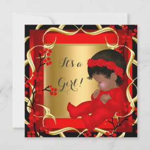 Baby Shower Cute Baby Girl Red Blossom Gold AM 3 Invitation