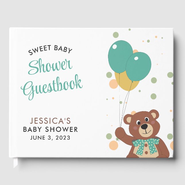 Baby Shower Cute Bear Green Balloon Gender Neutral Guest Book (Front)