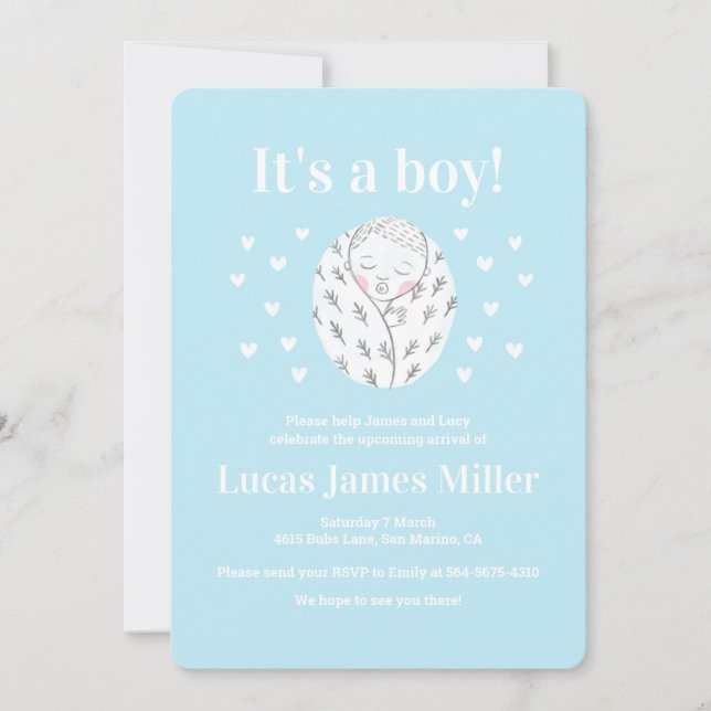 Baby shower cute boy hearts blue drawing invitatio invitation (Front)