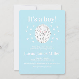 Baby shower cute boy hearts blue drawing invitatio invitation