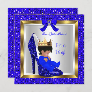 Baby Shower Cute Boy Prince Royal Blue Shoe 3 Invitation