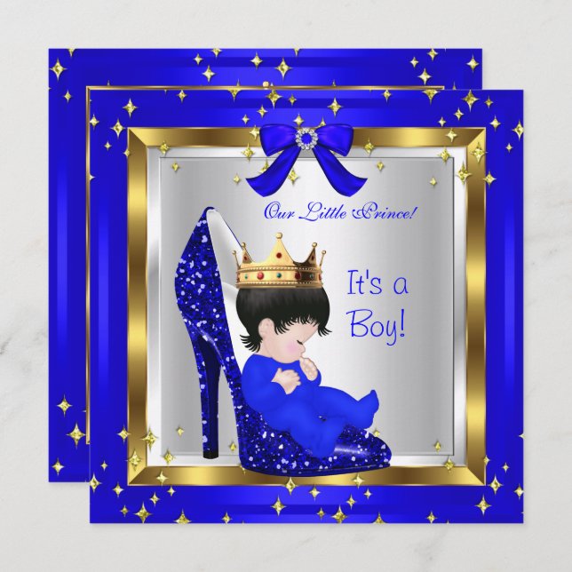 Baby Shower Cute Boy Prince Royal Blue Shoe 6 Invitation (Front/Back)