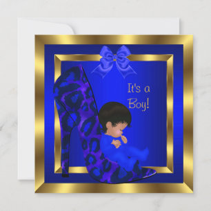 Baby Shower Cute Boy Royal Blue Shoe Leopard Invitation