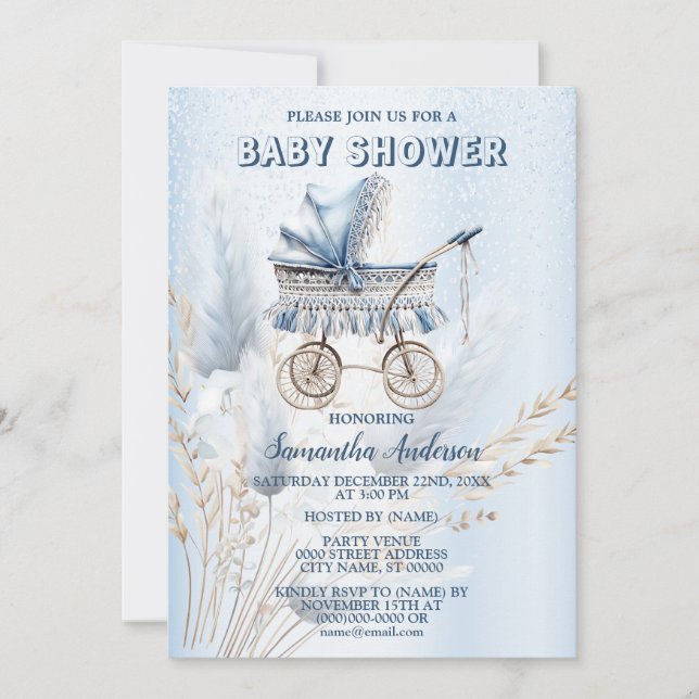 Baby Shower Cute Classic Stroller Blue Floral Invitation (Front)