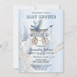 Baby Shower Cute Classic Stroller Blue Floral Invitation