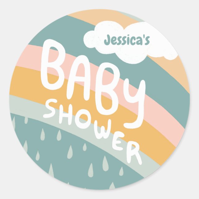 BABY SHOWER Cute Clouds Rainbow Rain Custom Classic Round Sticker (Front)