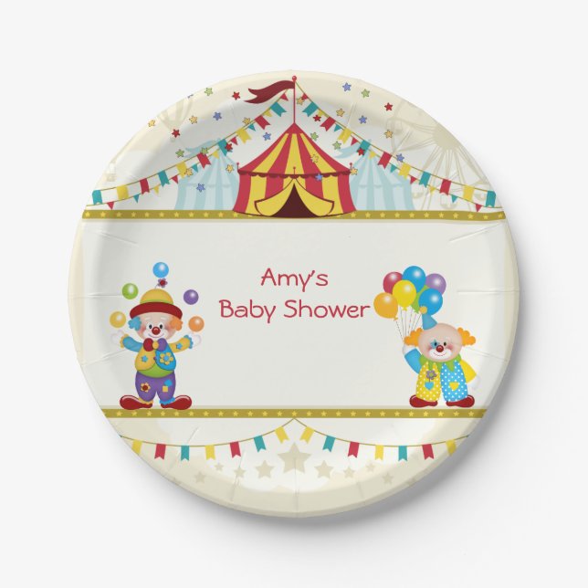 Baby Shower, Cute Clowns, Circus, Custom Paper Plate (Front)