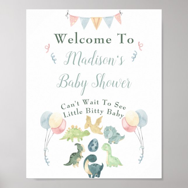 Baby Shower Cute Dinosaur Mom Name Blue Welcome Poster (Front)