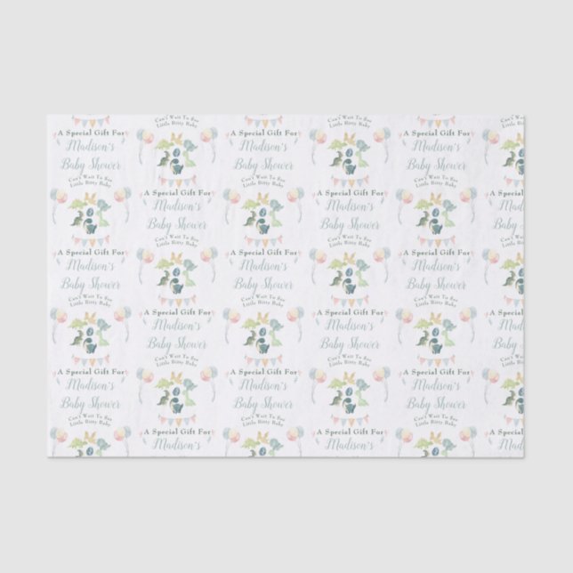 Baby Shower Cute Dinosaur Mum Name Blue Tissue Paper (Front)