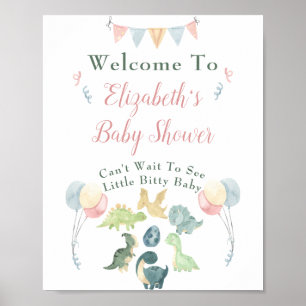 Baby Shower Cute Dinosaur Mum Name Pink Welcome Poster