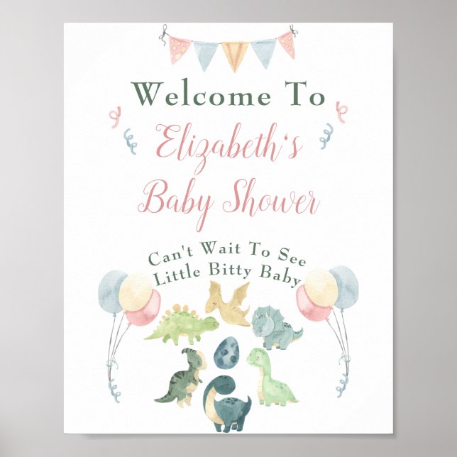Baby Shower Cute Dinosaur Mum Name Pink Welcome Poster (Front)