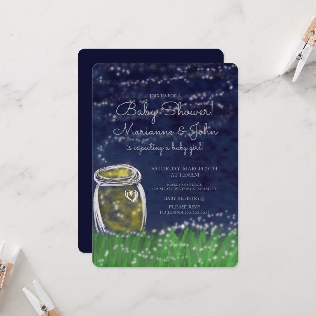 Baby Shower Cute Fireflies Scenic View Stars Invit Invitation (Front/Back In Situ)