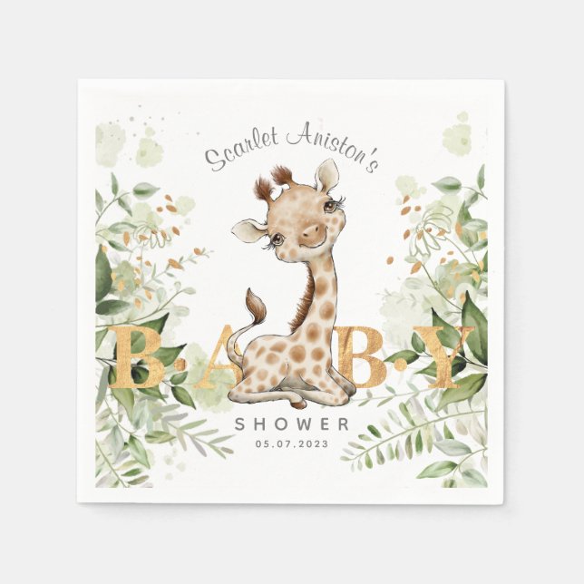 Baby Shower Cute Giraffe Greenery Napkin (Front)
