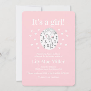 Baby shower cute girl floral hearts pink drawing  invitation