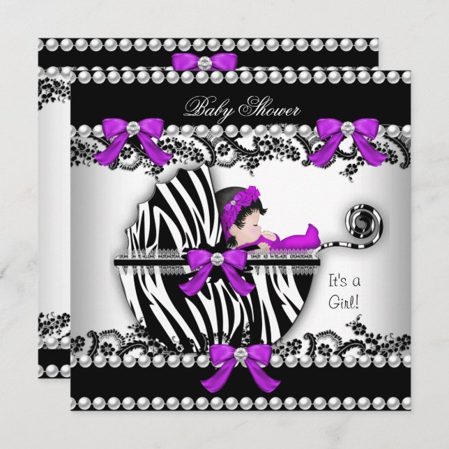 Baby Shower Cute Girl Zebra Pram Pearl 3 Invitation (Front/Back)