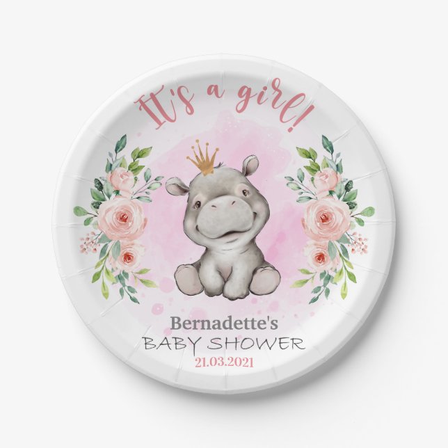 Baby Shower Cute Hippo Paper Plate (Front)