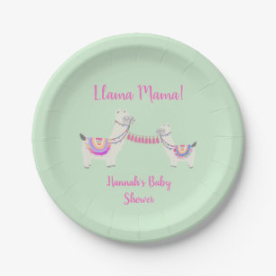 Baby Shower Cute Llama Mama Hot Pink Mint Green Paper Plate