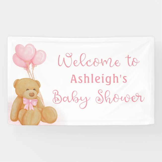 Baby Shower Cute Teddy Bear Pink Heart Balloons Banner (Horizontal)