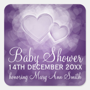 Baby Shower Date Modern Hearts Purple Square Sticker