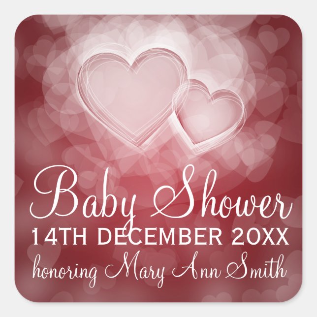 Baby Shower Date Modern Hearts Red Square Sticker (Front)