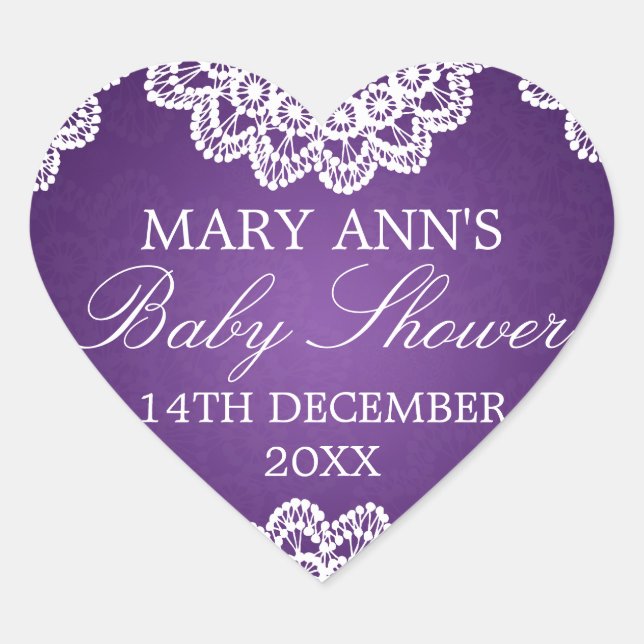Baby Shower Date Vintage Lace Purple Heart Sticker (Front)